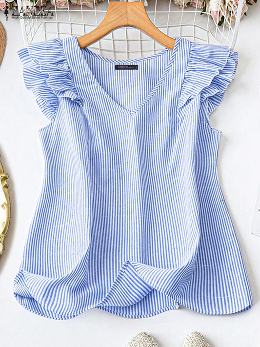Stylish Women Tanks Tops 2025 ZANZEA Summer Striped Blouses Elegant V Neck Office Work Shirt Casual Sleeveless OL Blusas Mujer