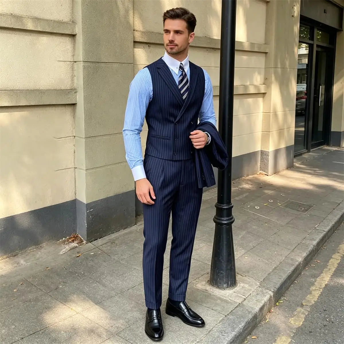 British Style Business Men's Striped Suit Vest Retro Double-breasted Elegant Slim Lapel Casual Men's Vest Retro Waistcoat Trendy