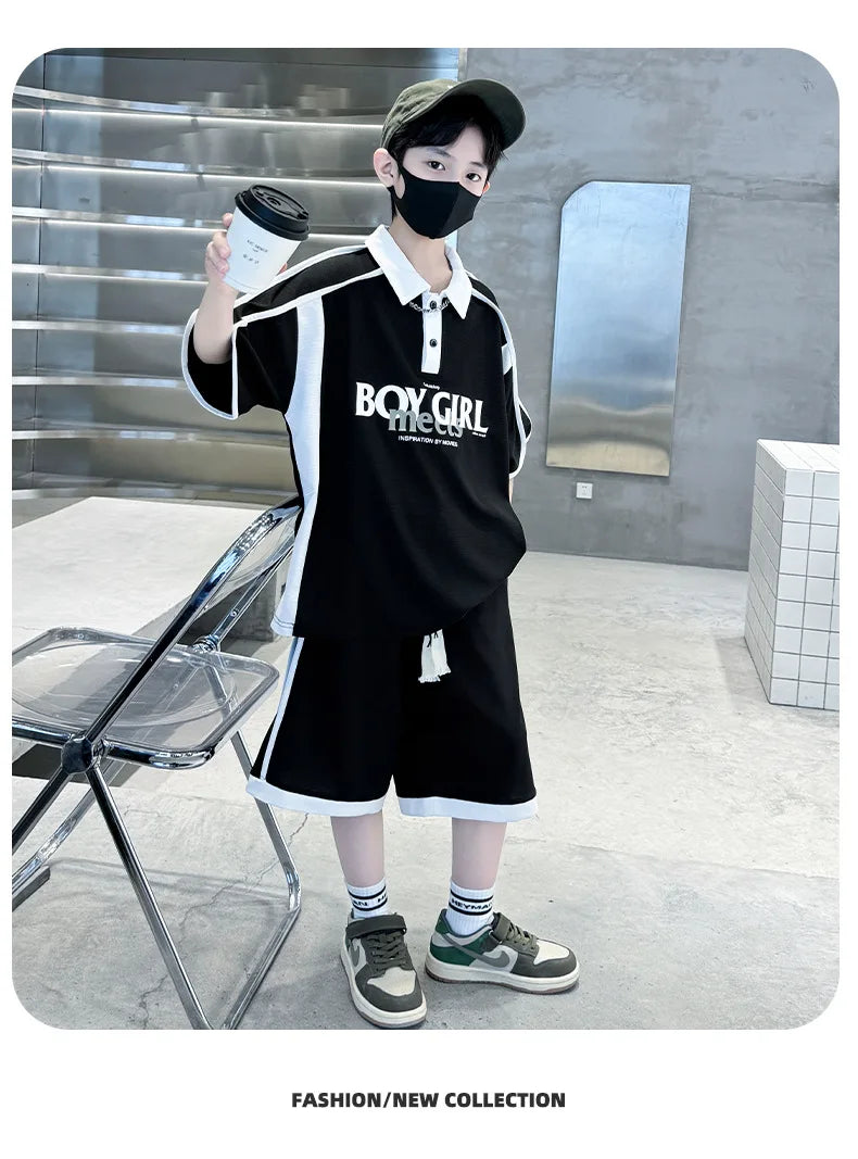 Summer Boys Patchwork Alphabet Preppy T-Shirt Tops+Drawstring Shorts Pant Set School Kids 2PCS Tracksuit Children Outfits 5-16Yr