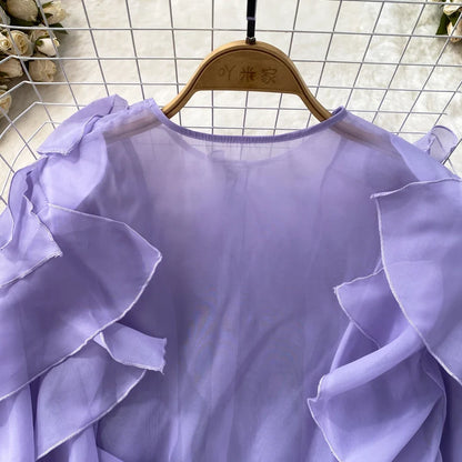Autumn Blouse for Women Fashion O-neck Long Puff Sleeve Flounced Edge Shirts French Chic Versatile Female Tops Dropshipping