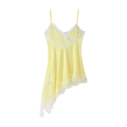 Summer Women Fashion Asymmetry Lace Decorate Dress Female Sexy Sleeveless Backless Halter Neck Collar Beach Party Dress