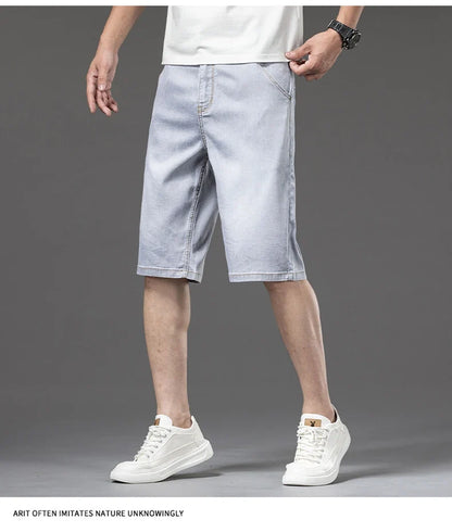Lyocell Thin Men's Baggy Denim Shorts Loose Summer Casual  Stretch Soft Straight Jeans Male Brand Shorts Male Blue Grey
