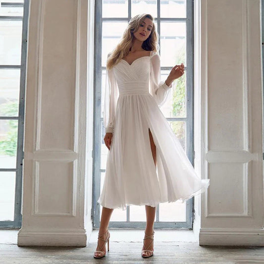 Simple Chiffon Tea-Length Wedding Dress Sweetheart and Long Sleeve Side Split Bride Gowns Sexy Backless Pleat Bridal Customized