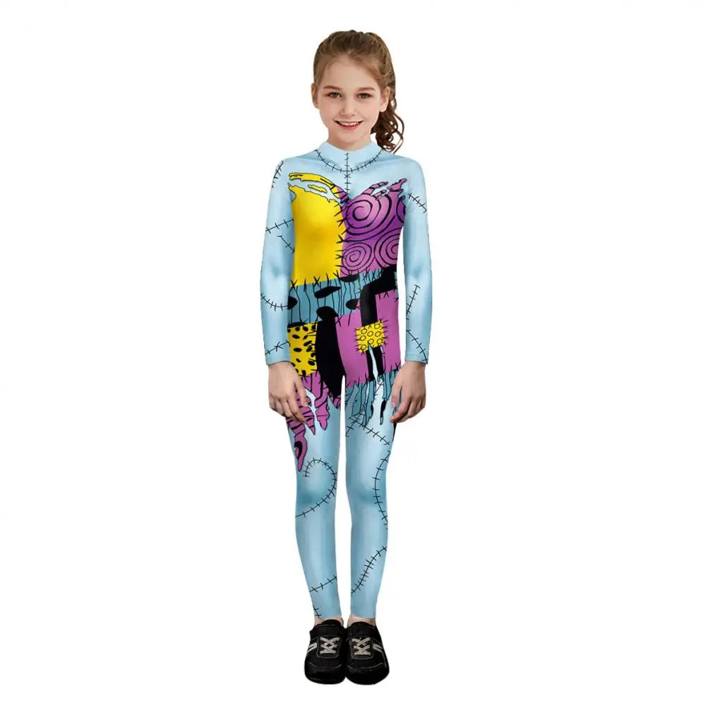 Halloween Nightmare Sally Costume Patchwork Pattern Bodysuit Fancy Disguise Suit Carnival Party Girls Zentai Catsuit