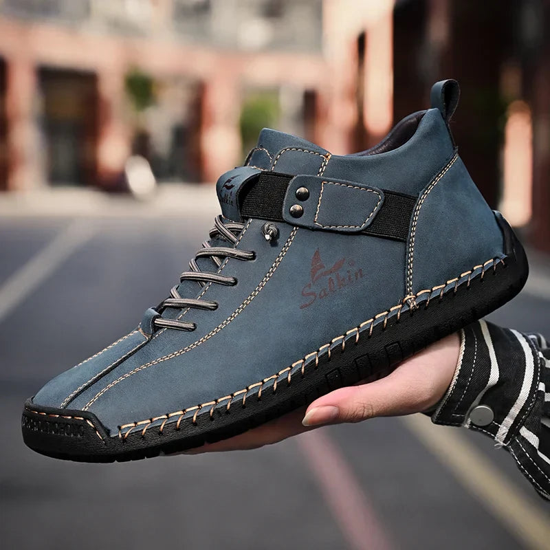 New 2025 Handmade Leather Casual Men Shoes Design Sneakers Man Breathable Leather Shoes Ankle Boots Outdoor Non Slip Walking