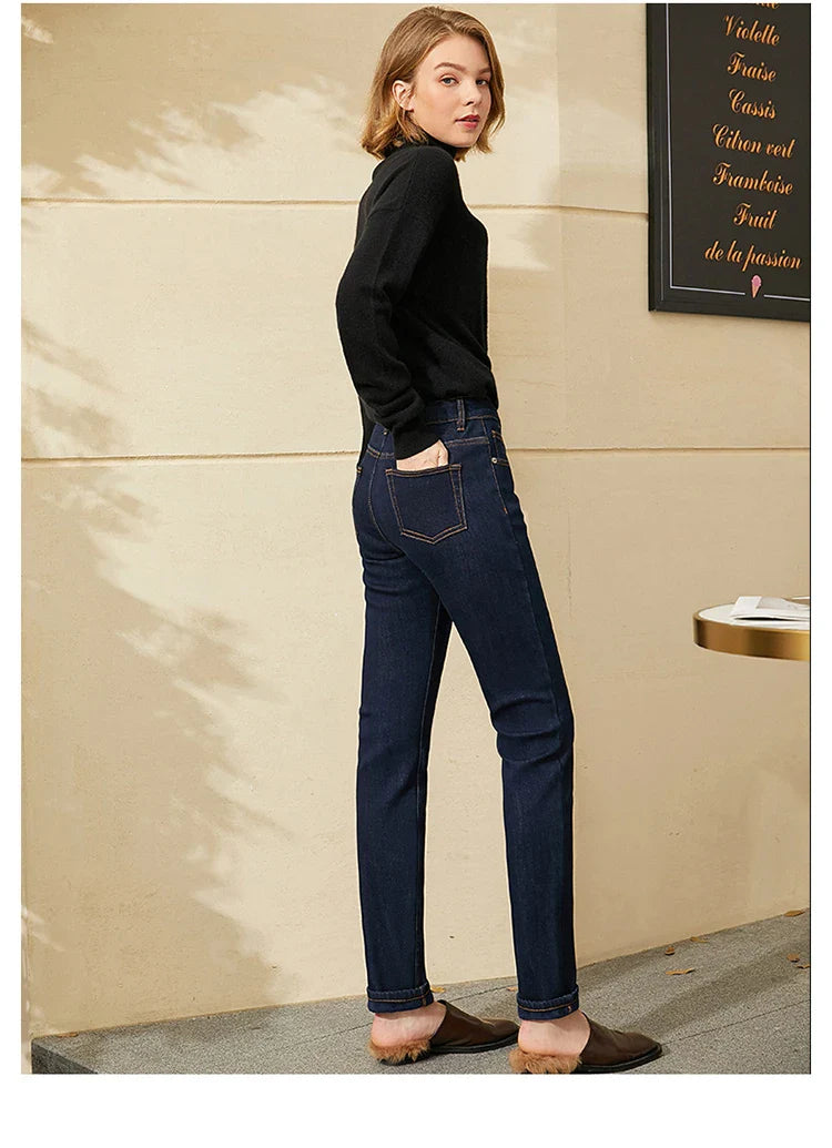 Minimalism Jeans for Women 2025 Autumn Slim Feet Fashion Casual All-match Cotton Slight Strech Ankle-Length Pants 12514004