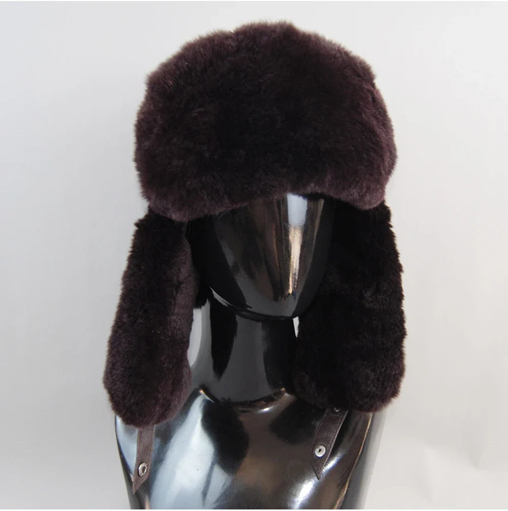 Winter Russian Man Woman White Skin Natural Rex Rabbit Fur Hats Luxury Real Sheepskin Leather Cap Unisex Real Fur Bomber Hat