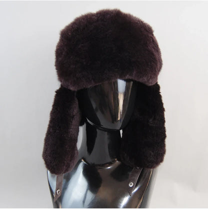 Winter Russian Man Woman White Skin Natural Rex Rabbit Fur Hats Luxury Real Sheepskin Leather Cap Unisex Real Fur Bomber Hat