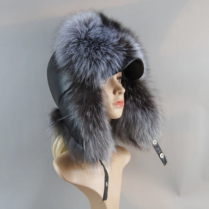 100% Real Fox Fur Hat Women's Russian Ushanka Aviator Trapper Snow Skiing Hat Caps Earflap Winter Raccoon Fur Bomber Hat