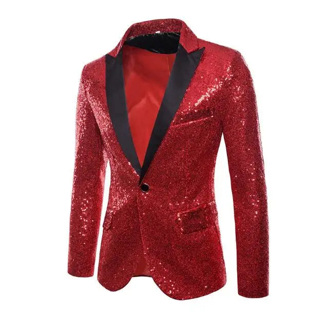 2026 Men's Suit Jacket, Shiny Sequin Stage Performance Coat, White Silver Blue Red Purple Blazers V-neck Single Button S-XXL