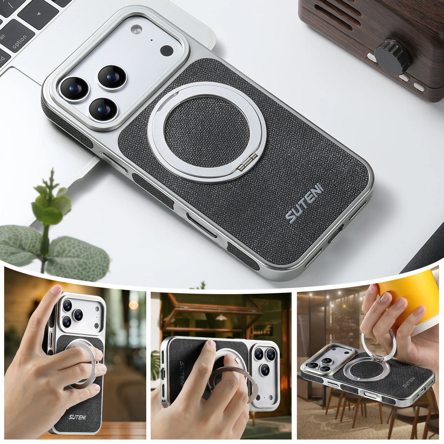 Faux Leather Magnet Wireless Charging Phone Case 360° Rotating Stand Ring Buckle Frosted Feel For iPhone 17 Pro Max 16 15