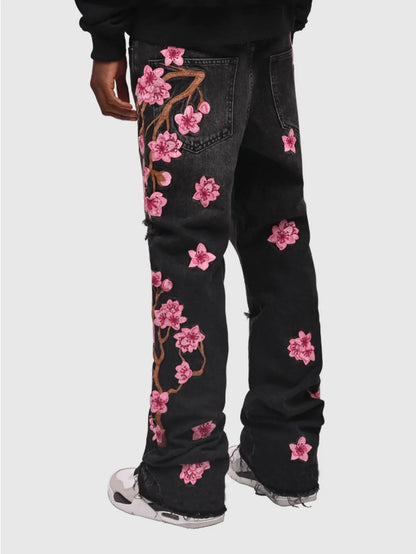 Men Jeans Print Straight Pants Men Denim Jean Button Pockets Pants Streetwear High Street Mid Waist Hole Spliced Spring Summer