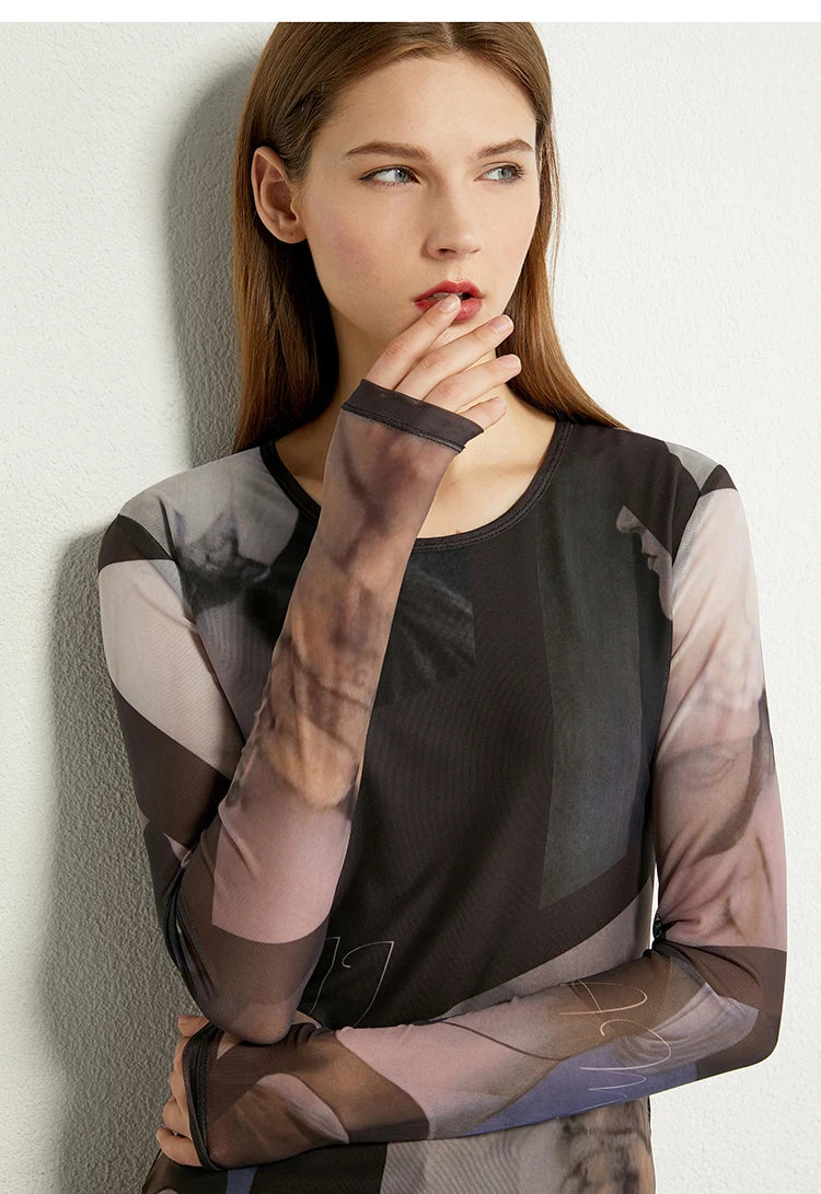 Minimalism Long sleeve T-shirts for Women 2025 Autumn New Bottoming Shirt Mesh Printing Inside Slim Trendy Tops 12421003