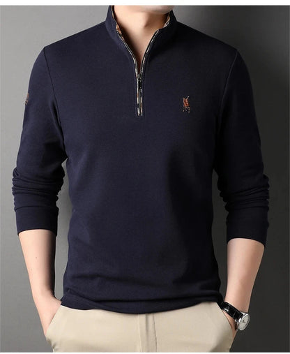 High end 100% cotton brand long sleeve T-shirt men's standing collar autumn fashionable embroidery Paul casual sports polo shirt