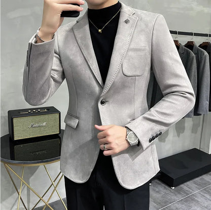 Men's Deerskin Fleece Suit Jacket 2025 Spring New High Quality Single Button Slim Fit Business Casual Suit Coat  Men Clothing