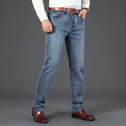 Business Men's Jeans Casual Straight Stretch Fashion Classic Blue Work Denim Trousers Male WTHINLEE Brand Clothing Size 28-40