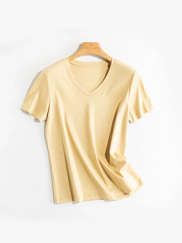 Women Solid T shirts, Silk Cotton Blend, O Neck, Short Sleeved Solid Tee,2025 Summer Candy Colors Basic Cozy Top Green