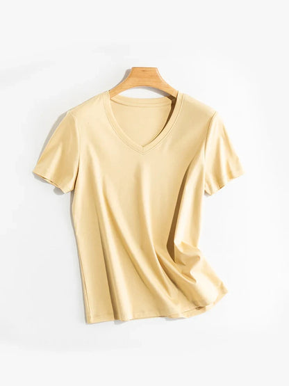 Women Solid T shirts, Silk Cotton Blend, O Neck, Short Sleeved Solid Tee,2025 Summer Candy Colors Basic Cozy Top Green