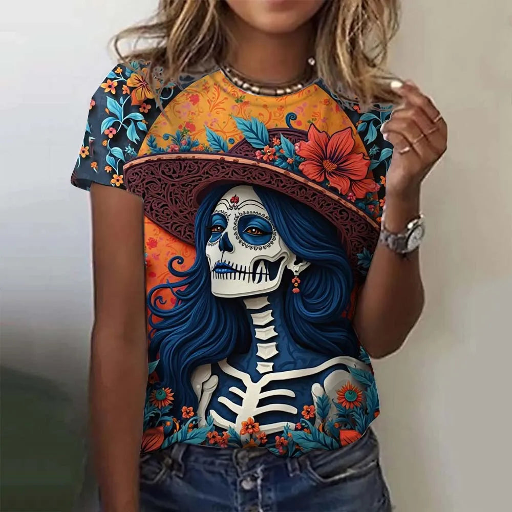 Women's T-shirt for Girls Short Sleeve Casual Sexy Girls Clothes Summer Day of the Dead Undead Skull Pattern oversized T-shirts