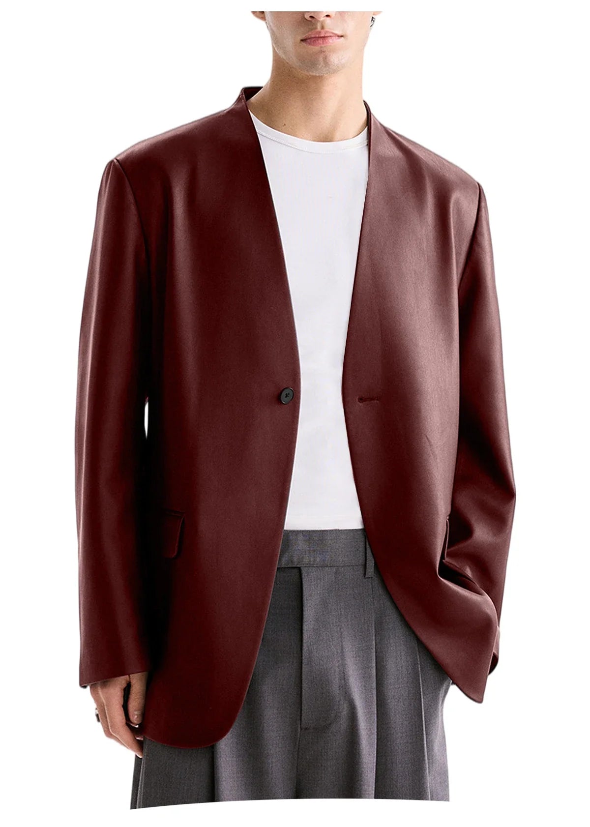 Luxury Men's PU Leather Blazer Collarless Jacket Loose 1 Button Elegant Solid Color Coat for Party Wedding Office Daily Wear