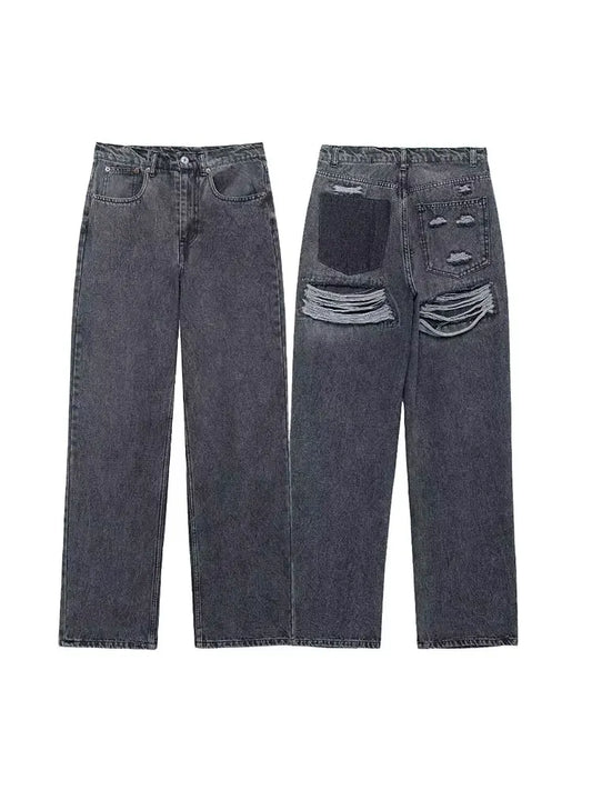 2024 Vintage Denim Jeans For Women 2 Colors High Waist Zipper Fly Ripped Distressed Patchwork Causal Straight Trousers
