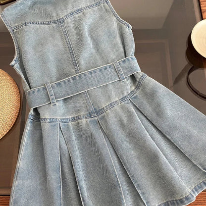 Summer New Girls Denim Dress Belt Decoration Lapel Collar Sleeveless Tutu Princess Dress For 2 -10 Years Kids Fashion Dress