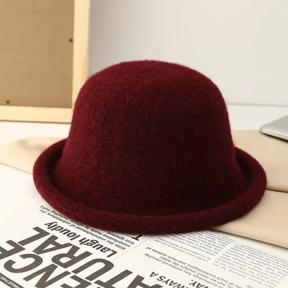 Women Hat Winter Wool Knitted Fedora Small Topper Hat Casual Ladies Solid Color British Top Hat Rolled Brim Official Website
