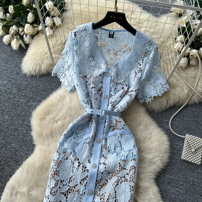 Classy Vintage Flower Lace Dress Office Lady Hollow Out Sashes Short Sleeve Bodycon French Senior Straight Long Dress