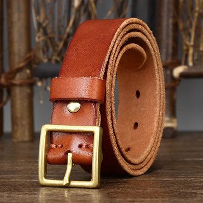3.3CM Pure Cowhide Genuine Leather for Men's Women High Quality Jeans Brass Buckle Belts Cowboy Fashion Designer Matching Belt
