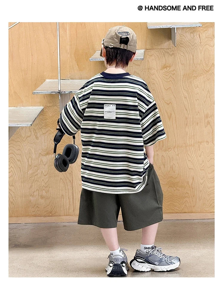 Korean Kids Striped Summer Suit for Boys Top and Bottom Set Children Cotton Short Sleeve T-shirt and Cargo Shorts Clothes Set