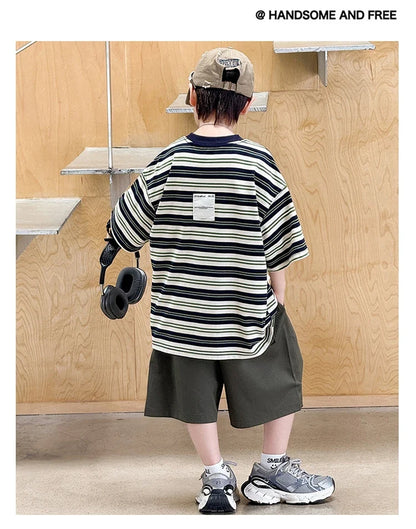 Korean Kids Striped Summer Suit for Boys Top and Bottom Set Children Cotton Short Sleeve T-shirt and Cargo Shorts Clothes Set