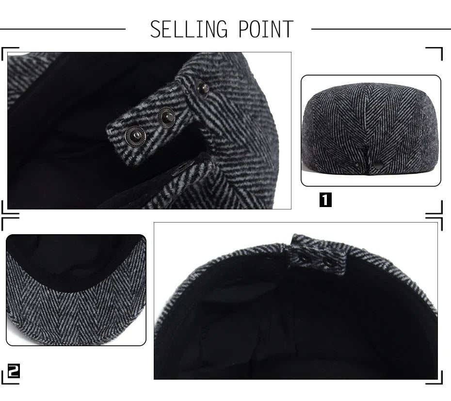 Vintage Big Herringbone Beret For Men Autumn Winter Warm Casual Newsboy Cap Fashion Women Flat Hat Double Breasted Adjustable