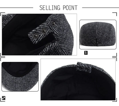 Vintage Big Herringbone Beret For Men Autumn Winter Warm Casual Newsboy Cap Fashion Women Flat Hat Double Breasted Adjustable