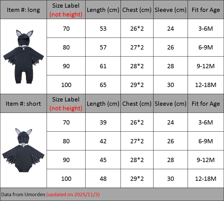 Halloween Baby Black Bat Costume Cosplay Romper Jumpsuit Infant Boys Girls Purim Party Carnival Fancy Dress Long Short Umorden