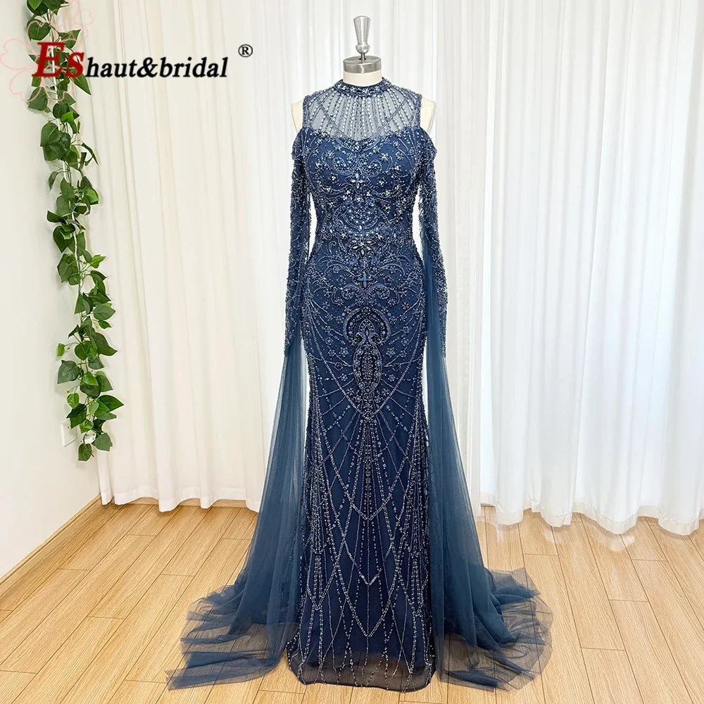 Luxury Beaded Evening Dress Cape Sleeve Dubai Sheer Neck Mermaid Formal Prom Wedding Party Gown Customized 2026
