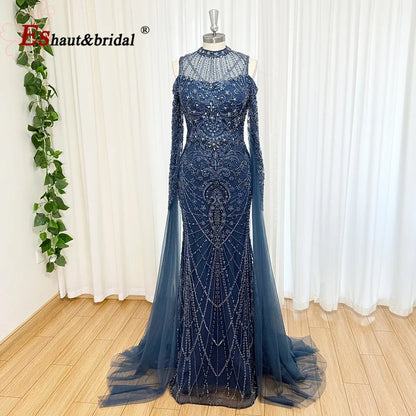 Luxury Beaded Evening Dress Cape Sleeve Dubai Sheer Neck Mermaid Formal Prom Wedding Party Gown Customized 2026