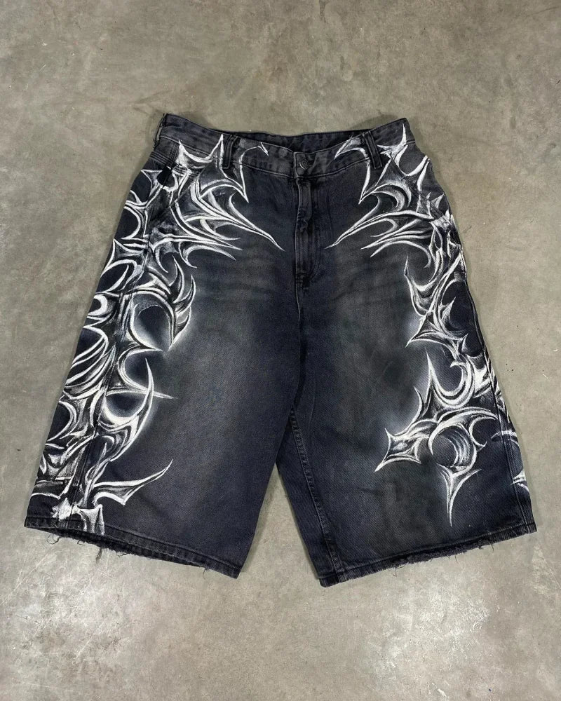 Cowboy shorts with rivet design and street wing pattern fashionable high waisted wide leg pants for Y2K knee length pants
