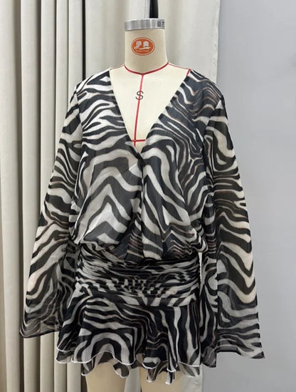 Women's Zebra Print Long Sleeve Mini Dress  Zebra Print Long Sleeve Mini Dress Party Club Zebra Print Ruffle Dress Summer 2026