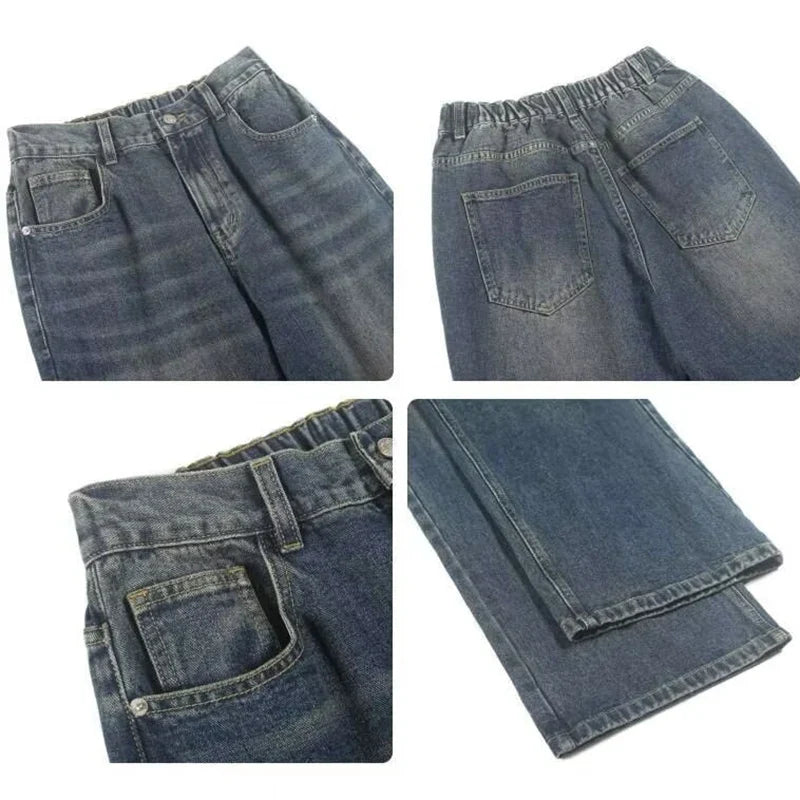 Male Classic America Hip Hop Rap Jeans Wide Leg Youth Popular Jeans Men Straight Leg Retro Loose Trousers Oversized Denim Pants