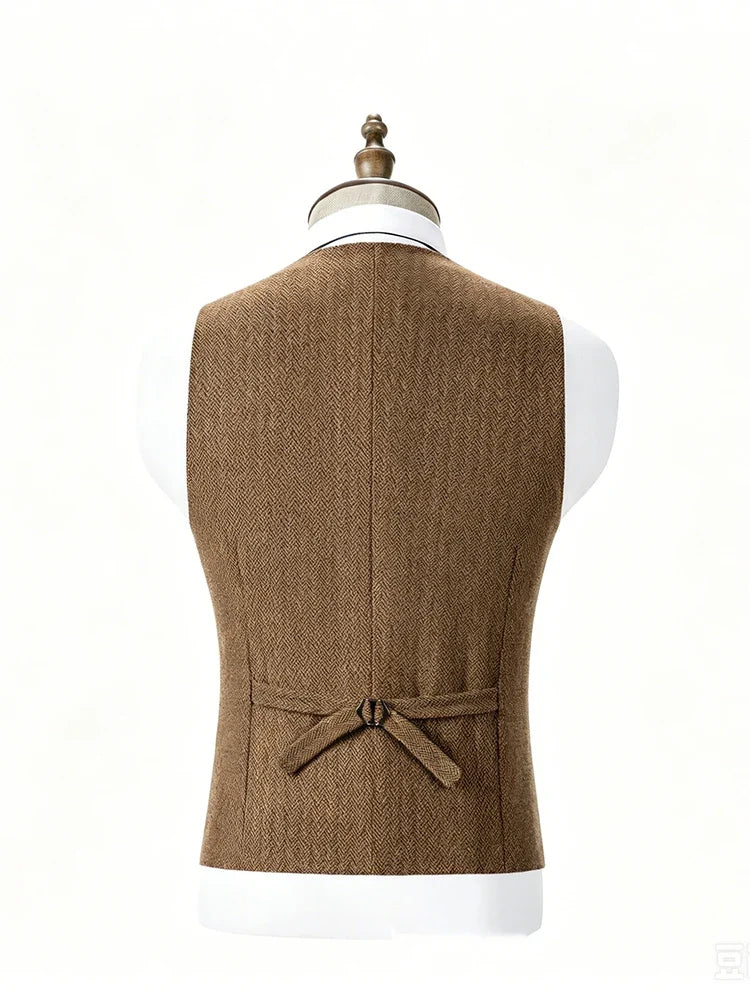 Men Retro British Tweed Double Breasted Suit Vest Plus Size V Neck Herringbone Formal Waistcoat Fashion Outer Vest with Pocket