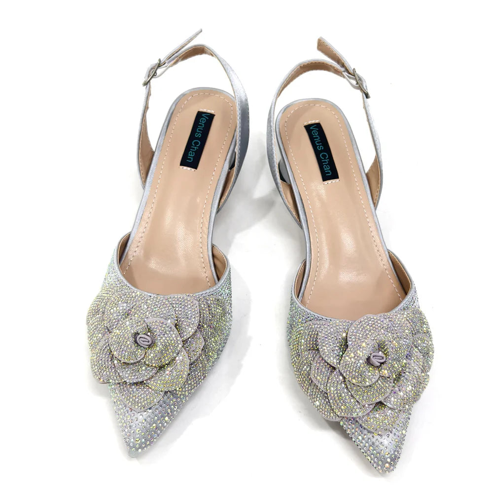 Fashion Ladies Evening Shoes And Bags Paired With Handmade Petal Wine Color Pointed Toe Mid-Heel Nigerian Women Party Shoes