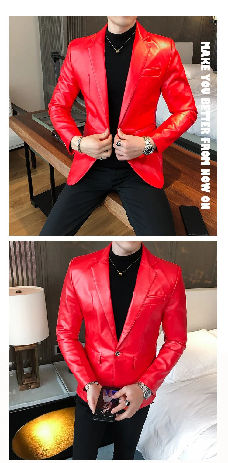 2022 Autumn Leather Jacket Men Slim fit Casual Business Blazer Masculino Solid Color Street Wear Social PU Coat Costume Homme