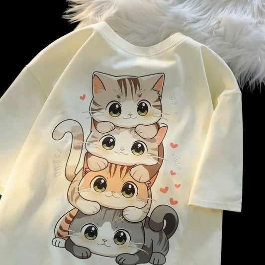 Summer Japanese Cute Cartoon Stacked Cat Printed Short-sleeved T-shirt for Ladies and Boys Same Loose Casual Large-size Top