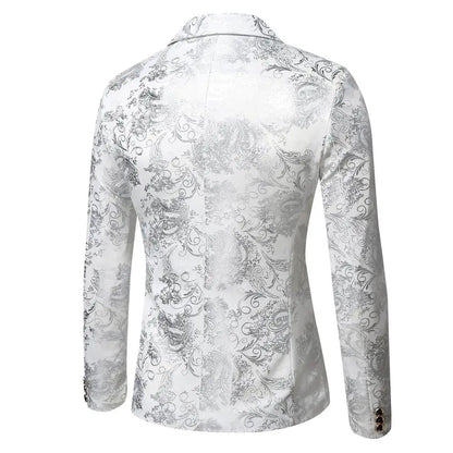 Men's Slim Fit Print Blazer Jacket 2025 Fashion Handsome Business Casual Silver Stage Show Suit Small Menswear