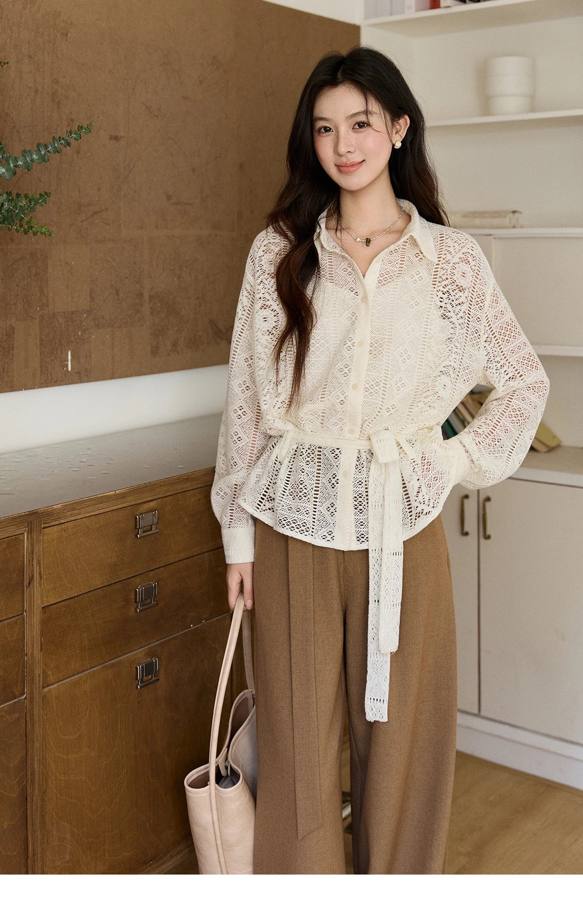 Women's Hollow-out Lace Shirt Camisole Set 2026 Spring Lapel Drawstring Waist Sheer Casual Two-Piece Knitwear MXF108C0816