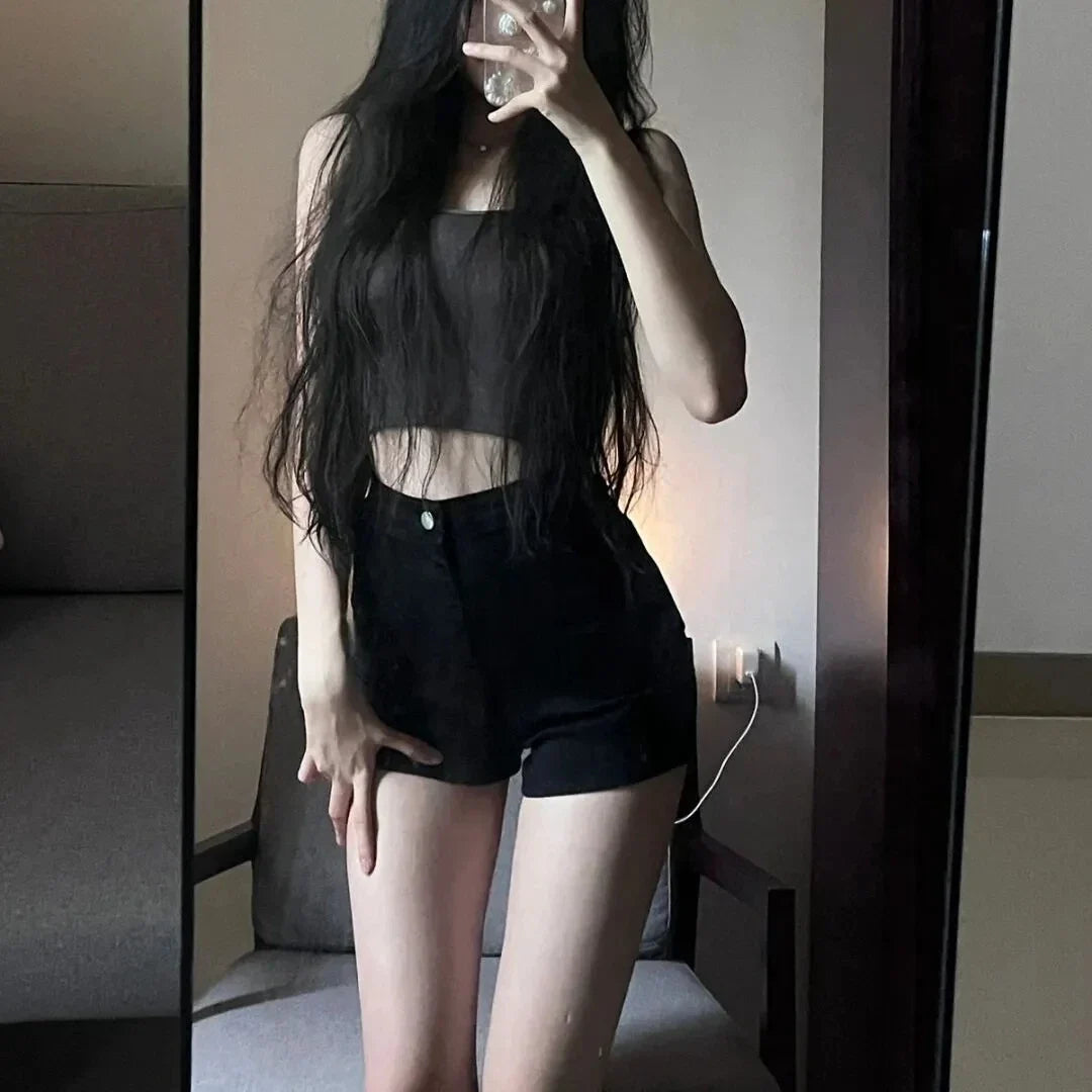 Black High-Waist Skinny Jeans Shorts for Women Trendy Slimming Booty Hot Pants Retro Style Spring Summer  Ladies' Sho