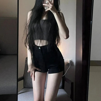 Black High-Waist Skinny Jeans Shorts for Women Trendy Slimming Booty Hot Pants Retro Style Spring Summer  Ladies' Sho