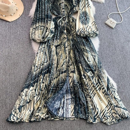 Ele Printed round Ne Lantern Sve Dr Women's Single Button Waist Cinch Maxi Skirt Long Dr Commute Sle Autumn