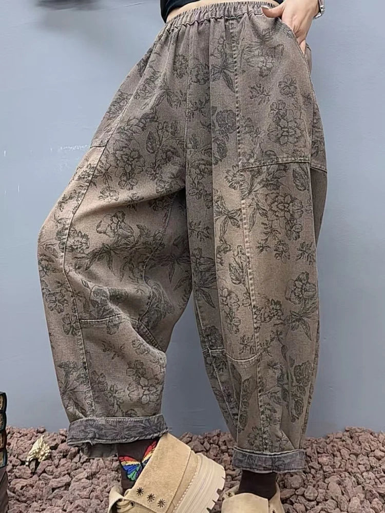 2025 Floral Spring Ladies Printed Classic Elegant Harem Pants Casual Fashion Jeans Vintage Loose Women Denim Trousers