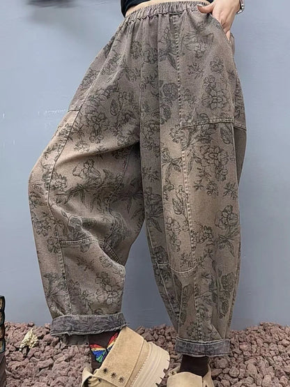 2025 Floral Spring Ladies Printed Classic Elegant Harem Pants Casual Fashion Jeans Vintage Loose Women Denim Trousers